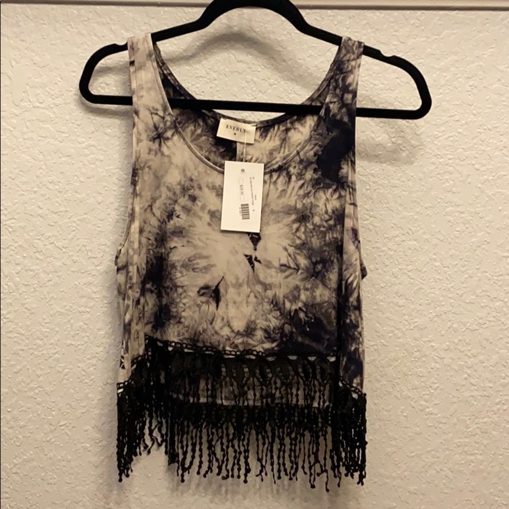 Black/White Tie-Dye Tank Top with Fringe NWT